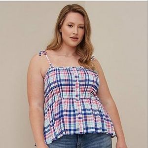 NWT Torrid Sz 4X Pink and Blue Plaid Peplum Smocked Bodice Cami